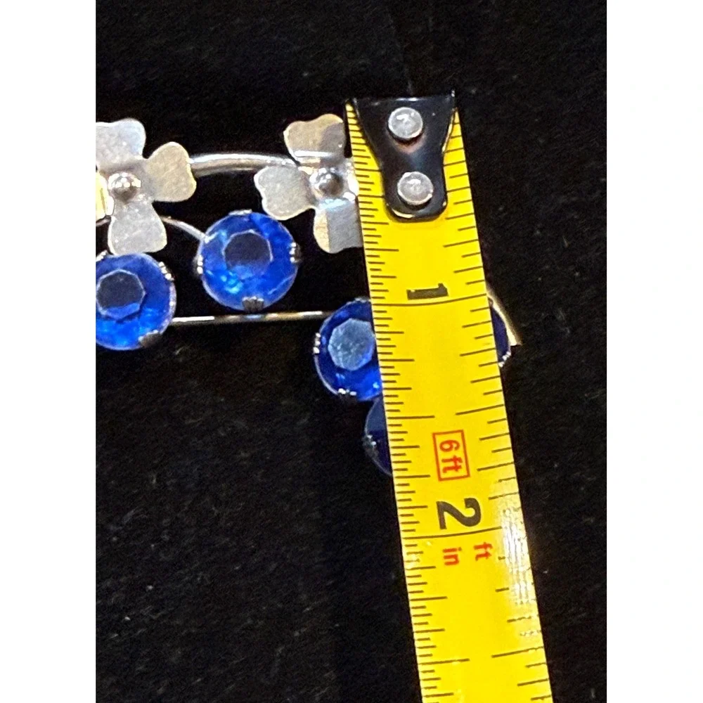 Vintage Sterling Silver Blue Rhinestone Floral Brooch Pin Mid Century Modern